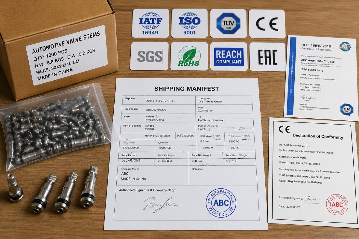 Multi-certification labels and documentation for automotive valve stems laid out on a shipping manifest