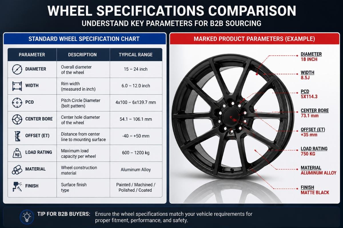 A clear side-by-side comparison of a standard wheel specification chart and marked product parameters