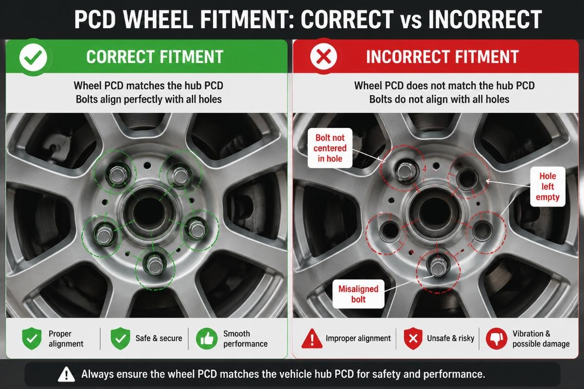 Side by side comparison of correctly fitted and incorrectly fitted PCD wheels on a vehicle hub
