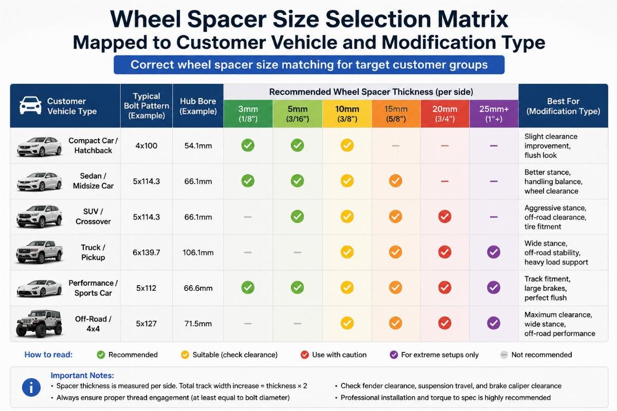 Correct wheel spacer size matching for target customer groups Wheel spacer size selection matrix mapped to customer vehicle and modification type