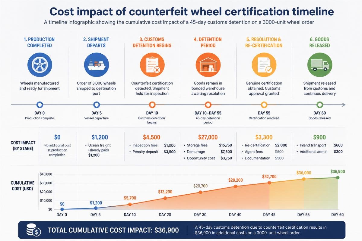 A timeline infographic showing the cumulative cost impact of a 45-day customs detention on a 3000-unit wheel order