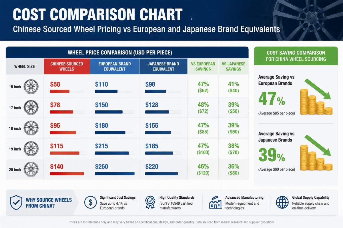 Cost saving comparison for China wheel sourcing Cost comparison chart showing Chinese sourced wheel pricing vs European and Japanese brand equivalents