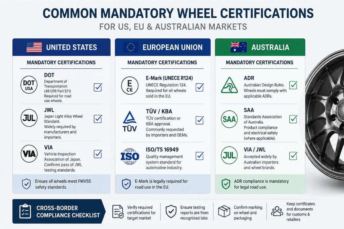 Checklist graphic showing common mandatory wheel certifications for US, EU and Australian markets