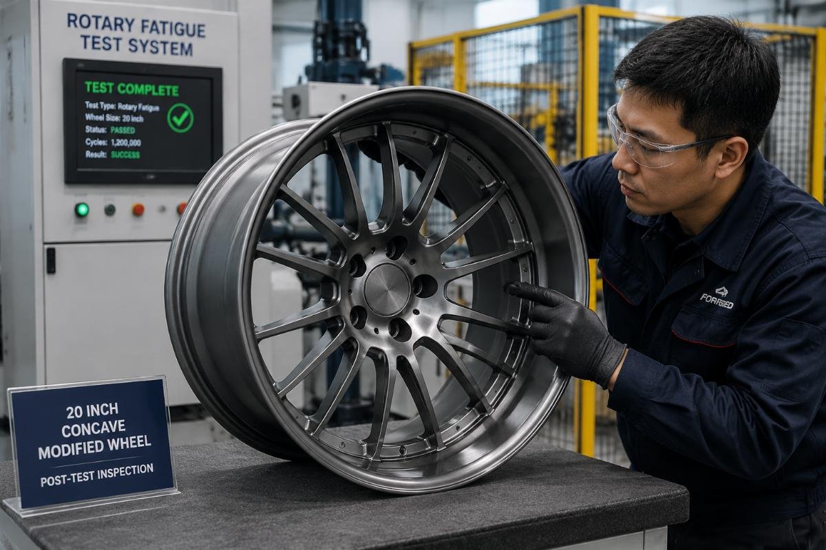 A technician inspecting a 20 inch concave modified wheel after successful rotary fatigue testing completion