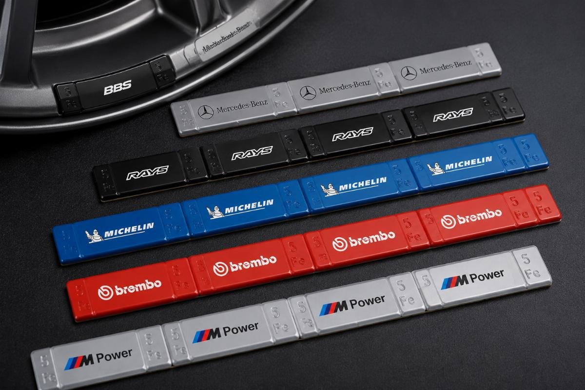 Custom branded adhesive wheel balancing weights with printed brand logos