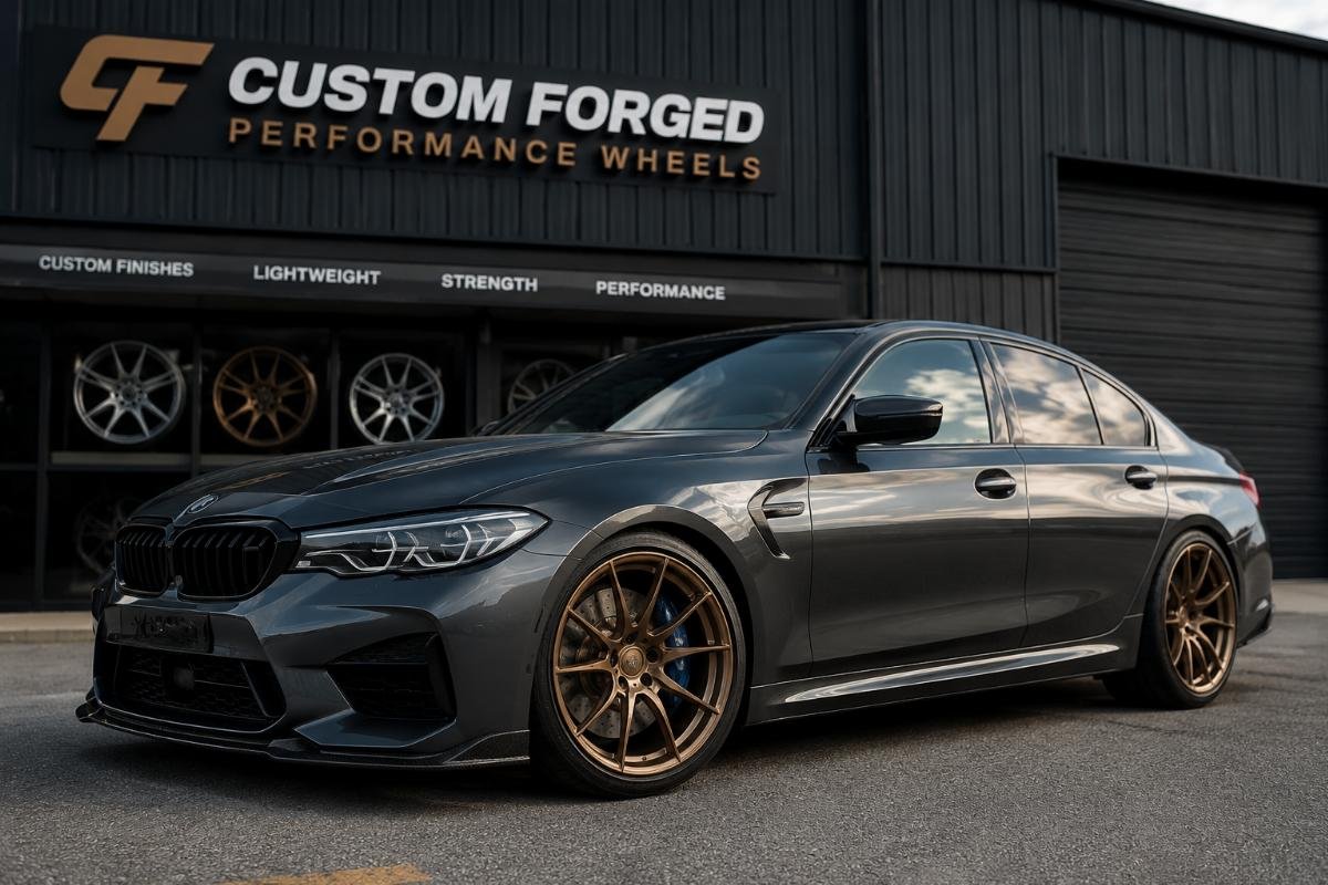 Finished custom matte bronze forged wheels mounted on a performance sedan