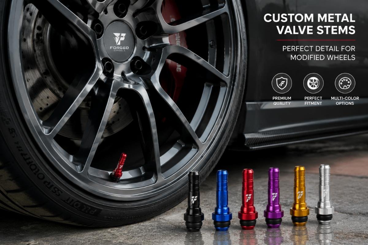Custom anodized metal valve stems paired with a set of 20 inch modified alloy wheels