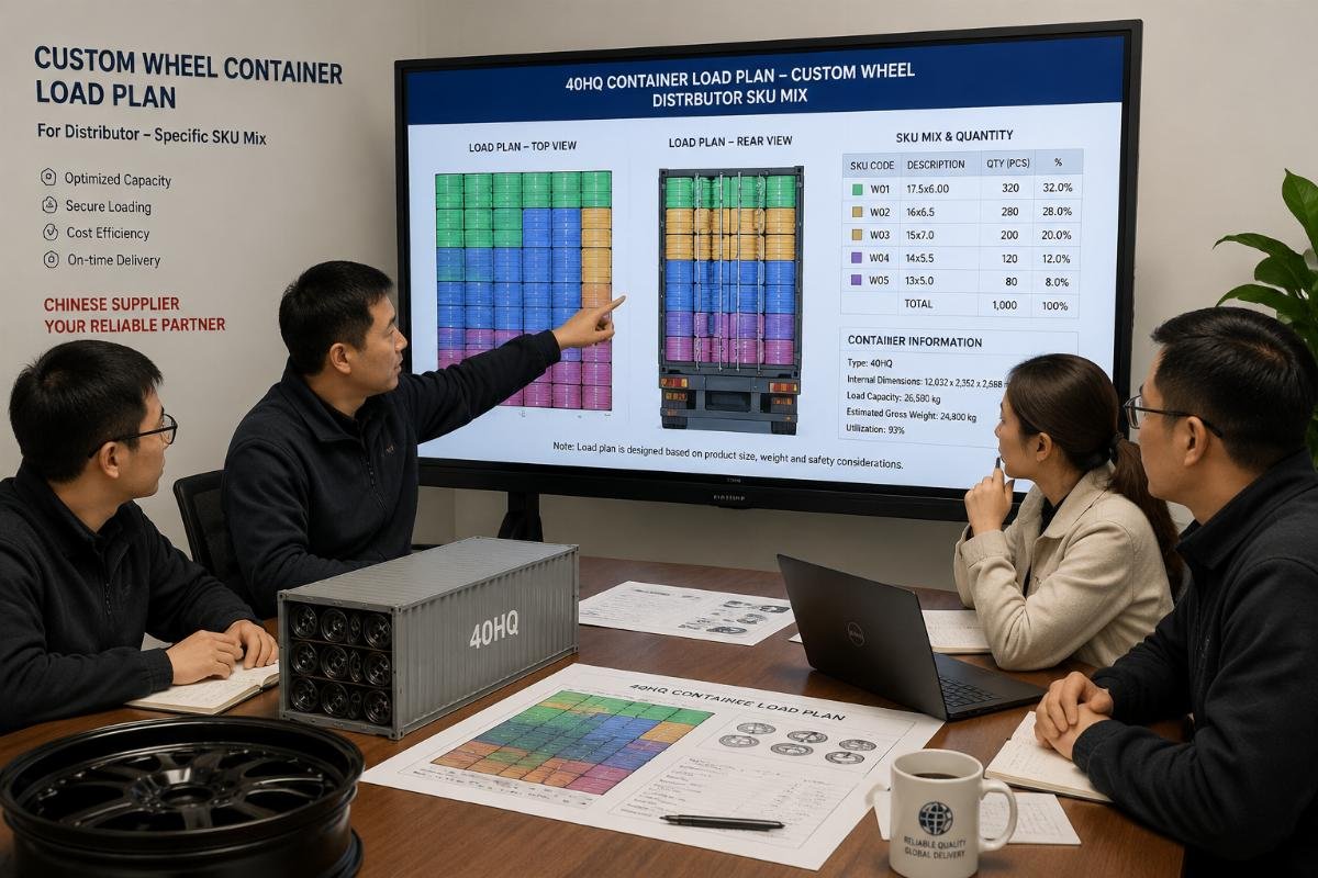 A supplier team reviewing a custom container load plan for a distributor's specific SKU mix