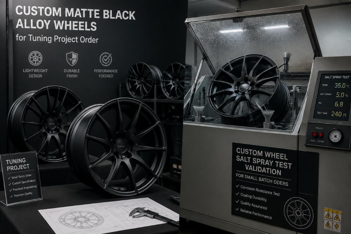 Custom matte black alloy wheels displayed for a tuning project order