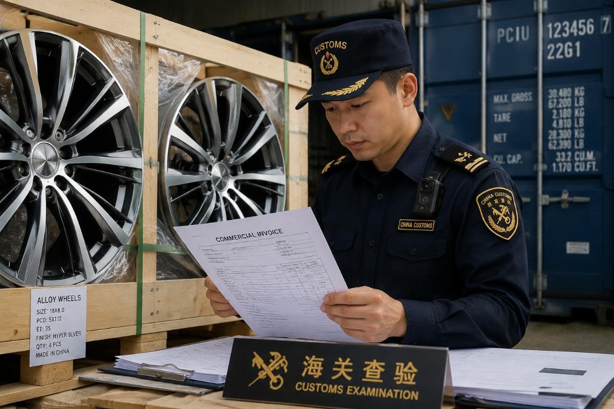 A customs officer reviewing documentation alongside a shipment of alloy wheels