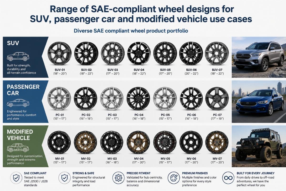 Range of SAE-compliant wheel designs for SUV, passenger car and modified vehicle use cases