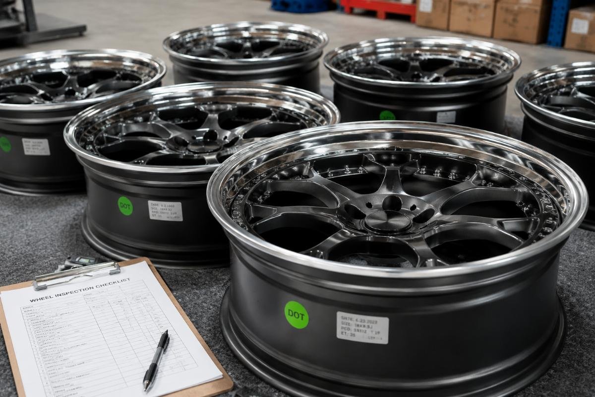 A set of DOT-marked deep concave performance wheels laid out for quality inspection