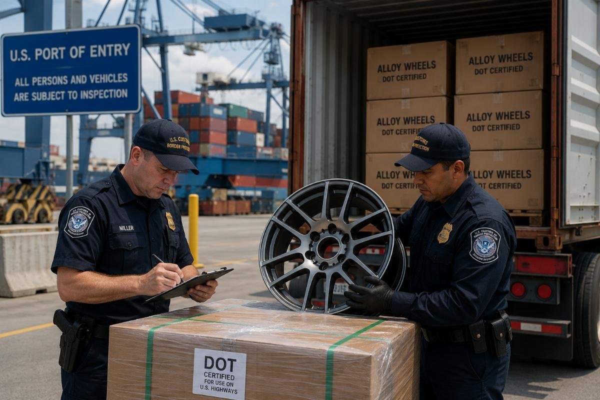 A sealed shipment of DOT-certified alloy wheels being inspected at a U.S. port of entry