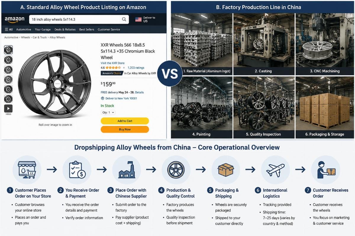 A side-by-side comparison of a standard alloy wheel product listing on Amazon and a factory production line in China