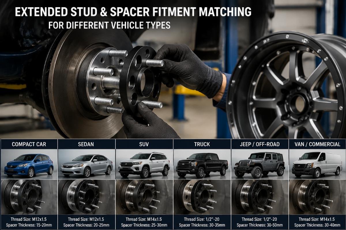Extended wheel stud being test fit to a spacer and aftermarket wheel assembly