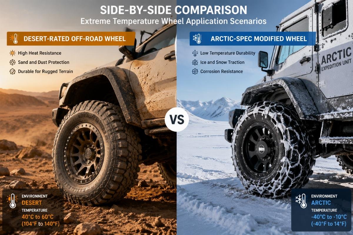 Side-by-side comparison of a desert-rated off-road wheel and an Arctic-spec modified wheel installed in respective field environments