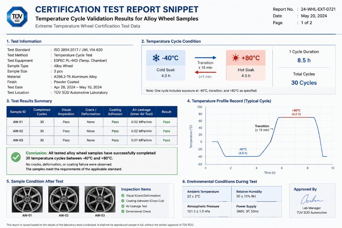 Certification test report snippet showing temperature cycle validation results for alloy wheel samples