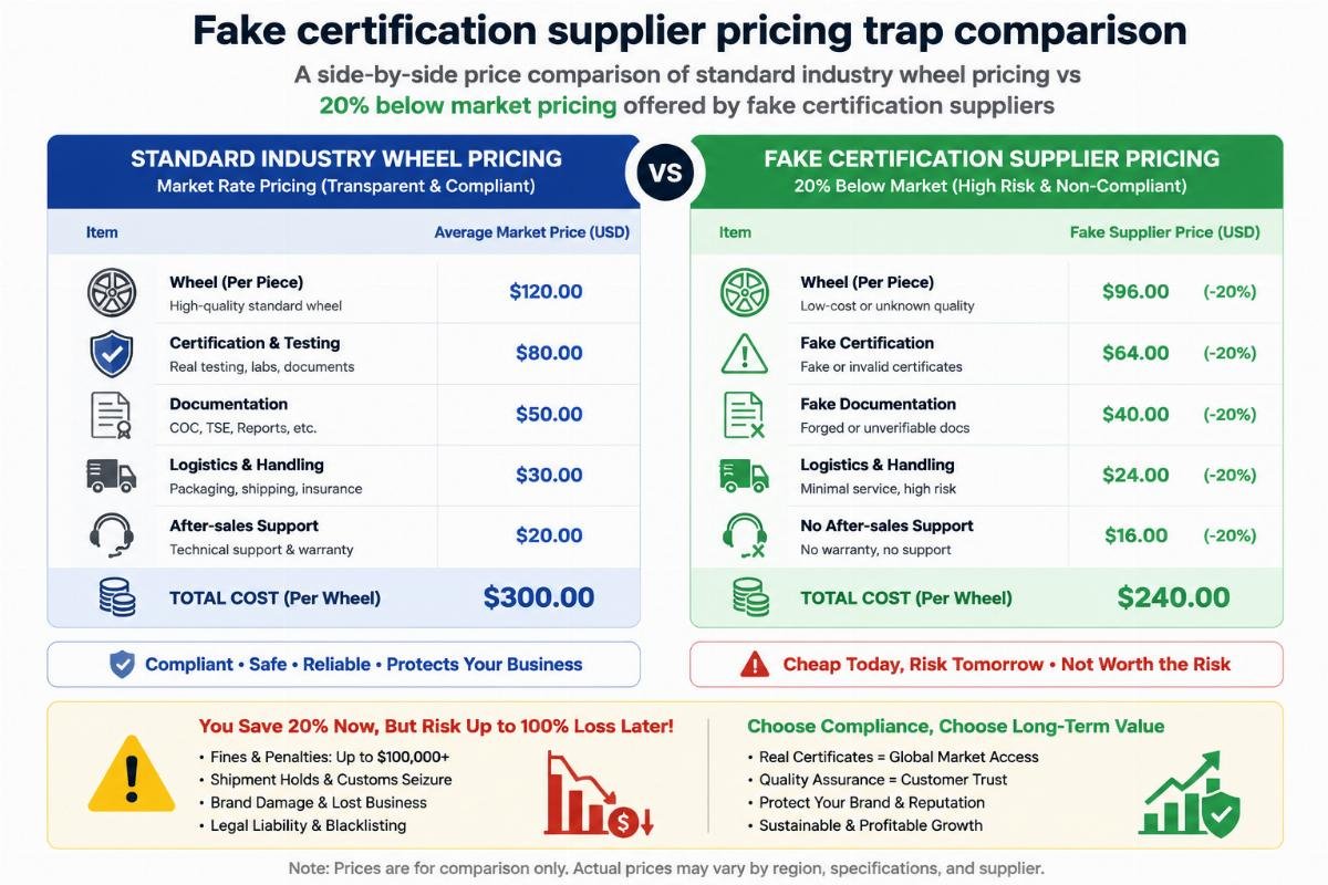 Fake certification supplier pricing trap comparison A side-by-side price comparison chart showing standard industry wheel pricing vs the 20% below market pricing offered by fake certification suppliers