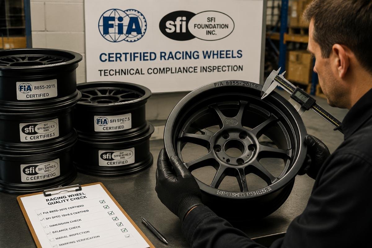 Stack of FIA and SFI certified racing wheels inspected for technical compliance