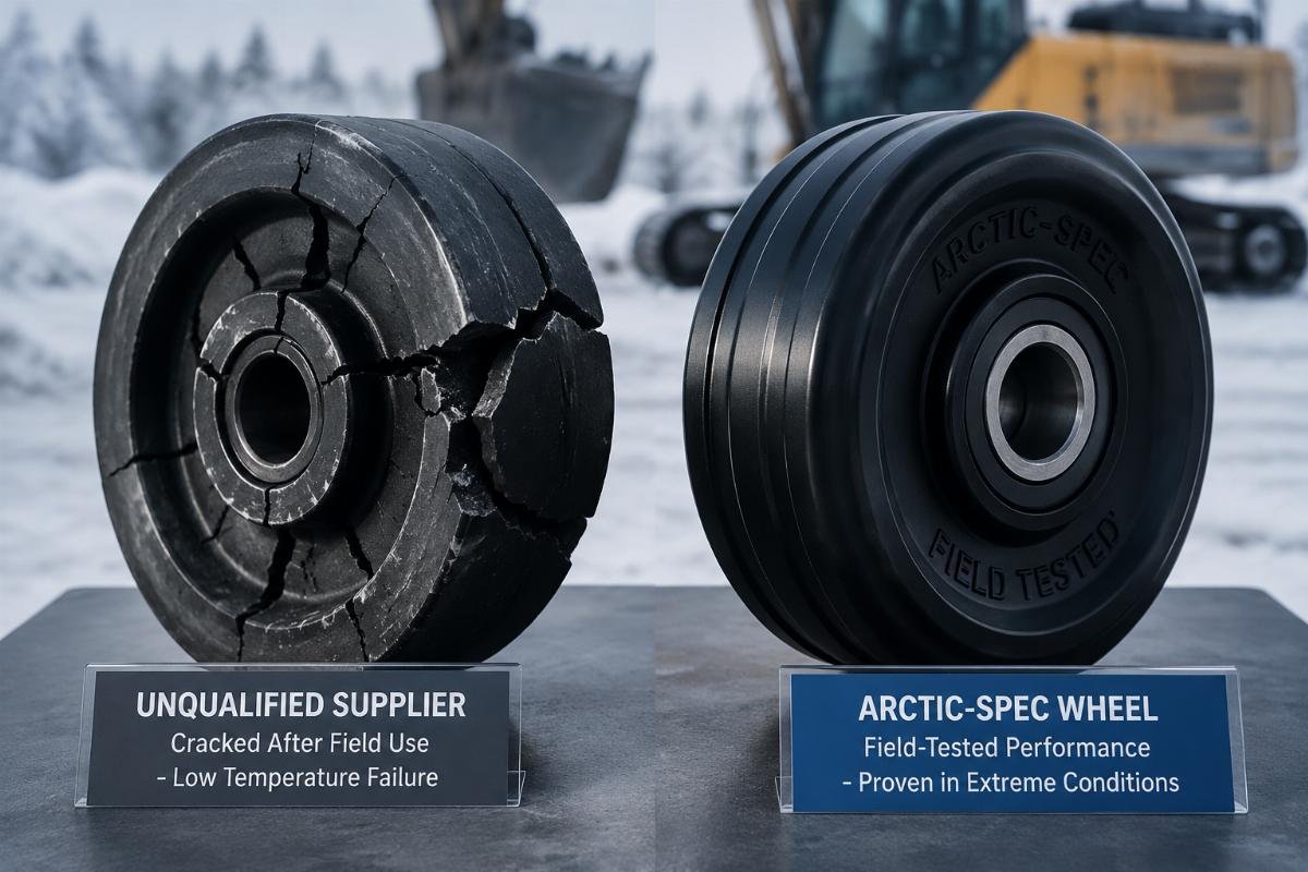 Cracked wheel sample from unqualified supplier next to a field-tested Arctic-spec wheel