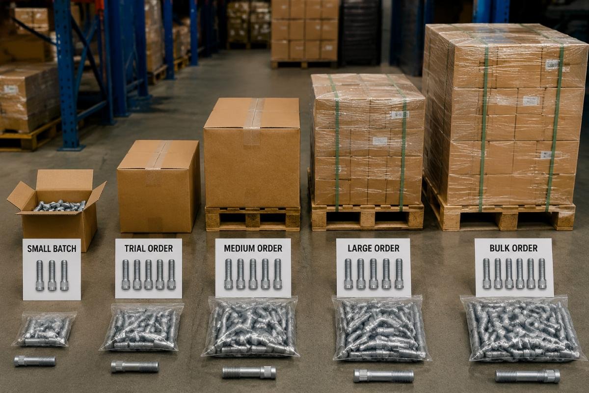 Different volume batches of extended wheel studs in warehouse packaging for shipping