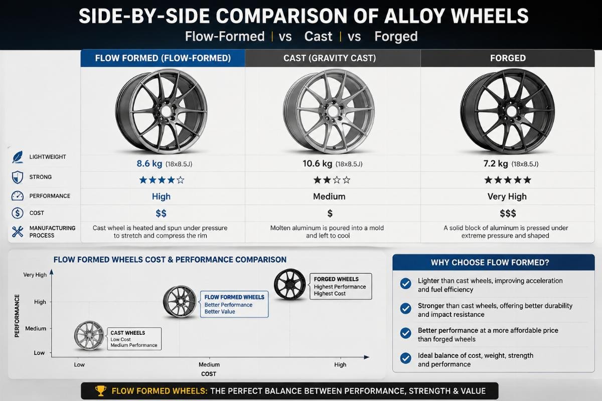 Side-by-side comparison of flow-formed, cast and forged alloy wheels with weight and cost labels