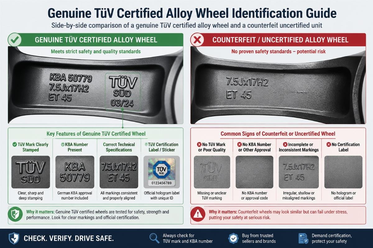 Side-by-side comparison of a genuine TüV certified alloy wheel label and a counterfeit uncertified unit