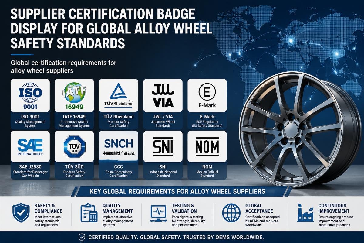 Global certification requirements for alloy wheel suppliers Supplier certification badge display for global alloy wheel safety standards