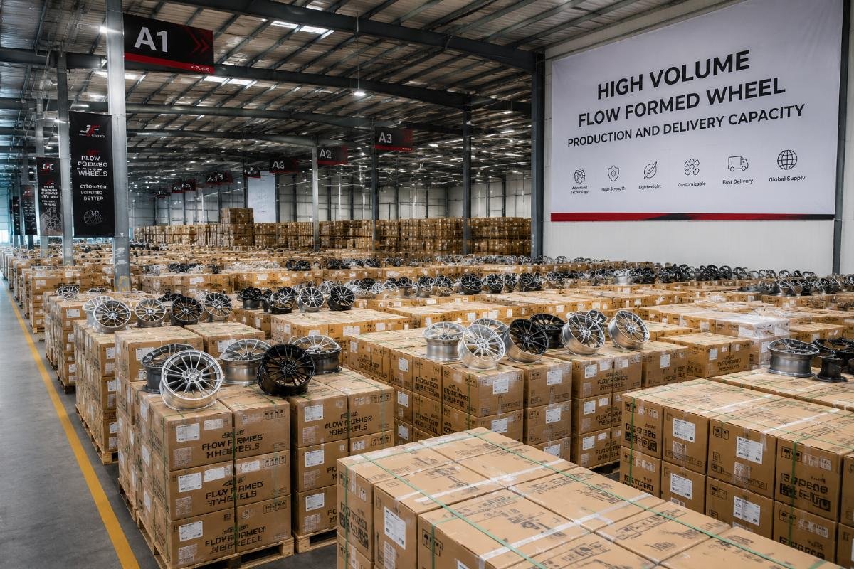 High volume flow formed wheel production and delivery capacity Warehouse storage area holding thousands of packaged flow-formed wheels ready for shipment