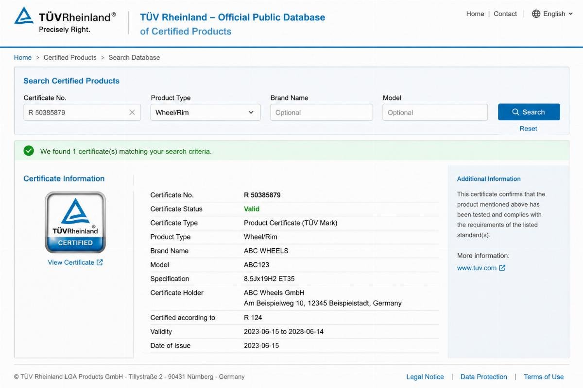 Screenshot of TüV official public database search result for a valid wheel certification