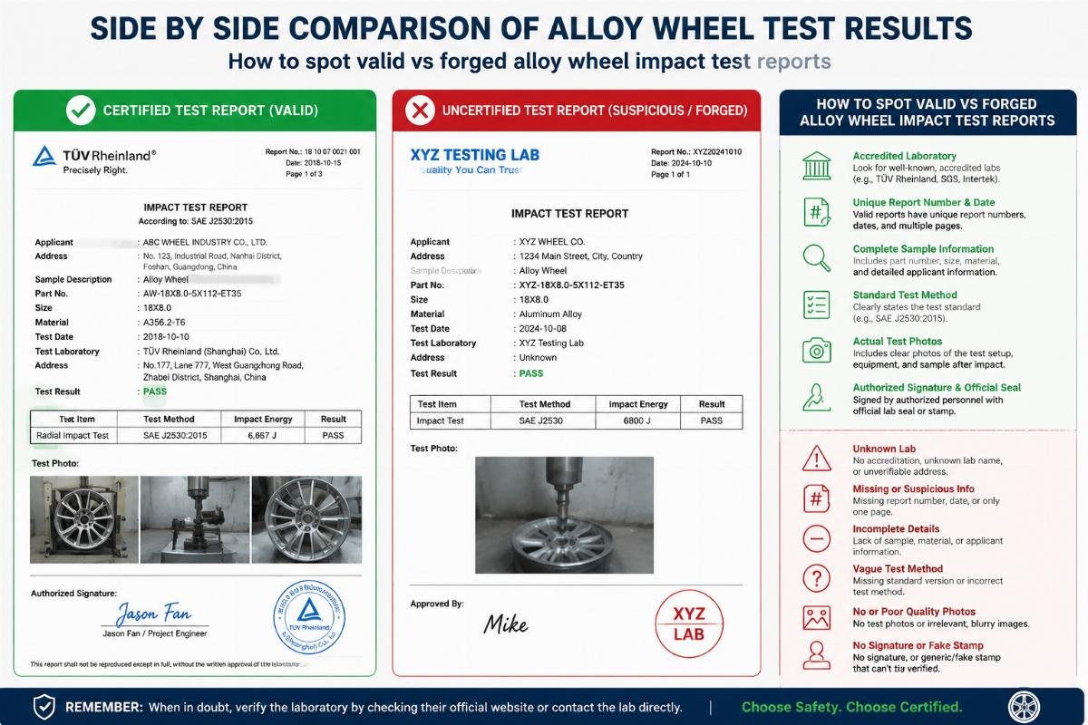 Side by side comparison of certified and uncertified alloy wheel test result documents