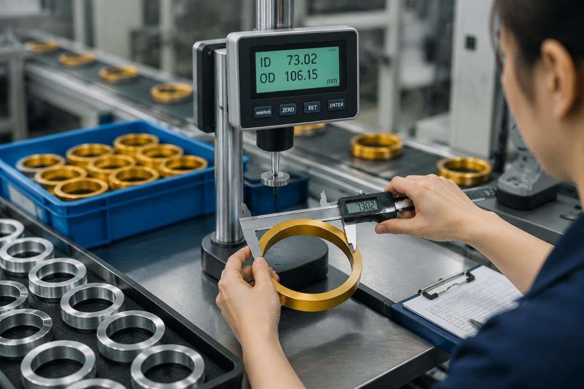 hub centric ring dimensional accuracy quality control A production line testing station measuring hub centric ring inner and outer diameter