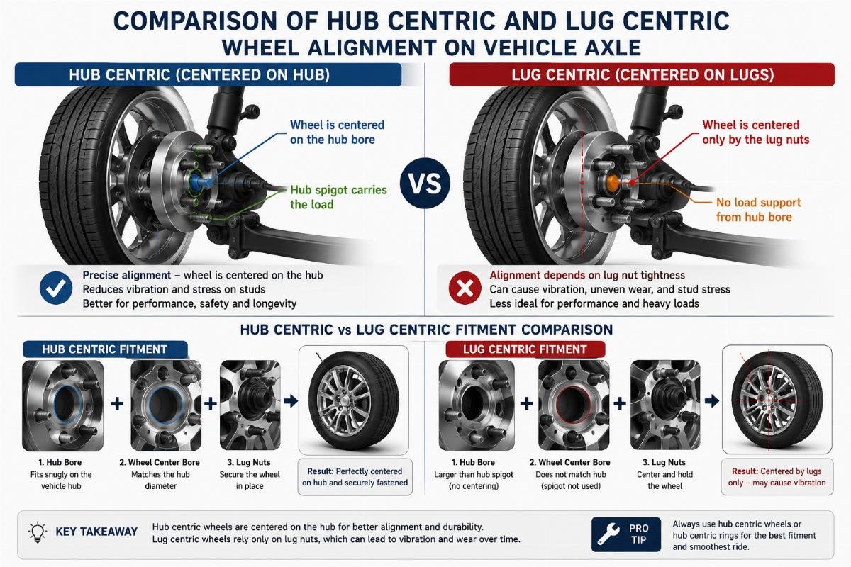 Comparison of hub centric and lug centric wheel alignment on vehicle axle