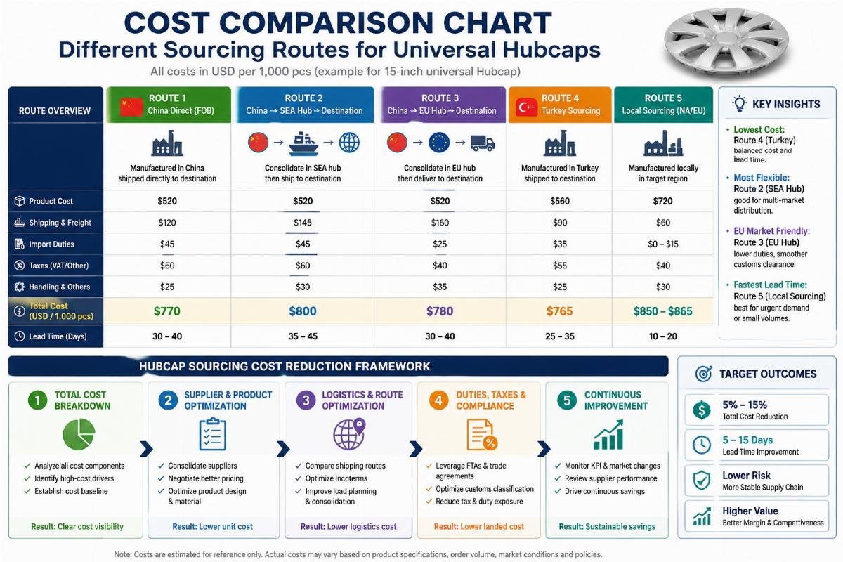 hubcap sourcing cost reduction framework Cost comparison chart showing different sourcing routes for universal hubcaps