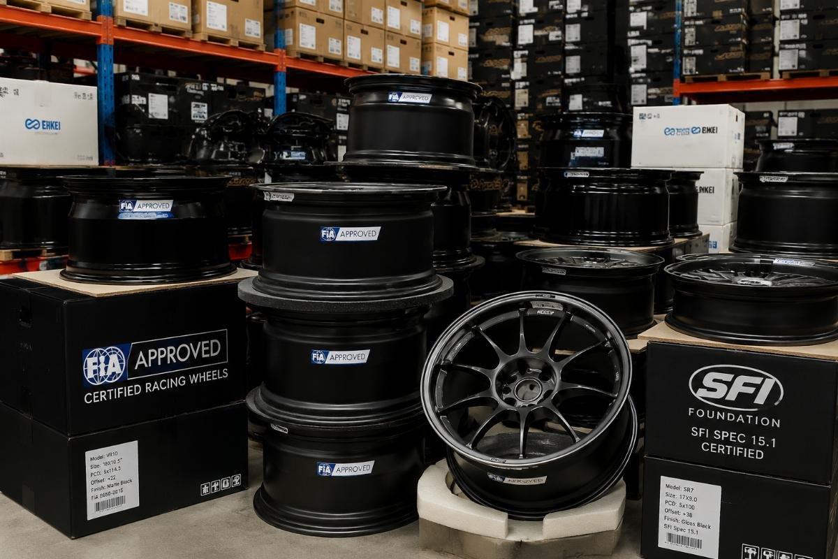 in-stock certified racing wheel inventory Stacked inventory of in-stock FIA and SFI certified racing wheels