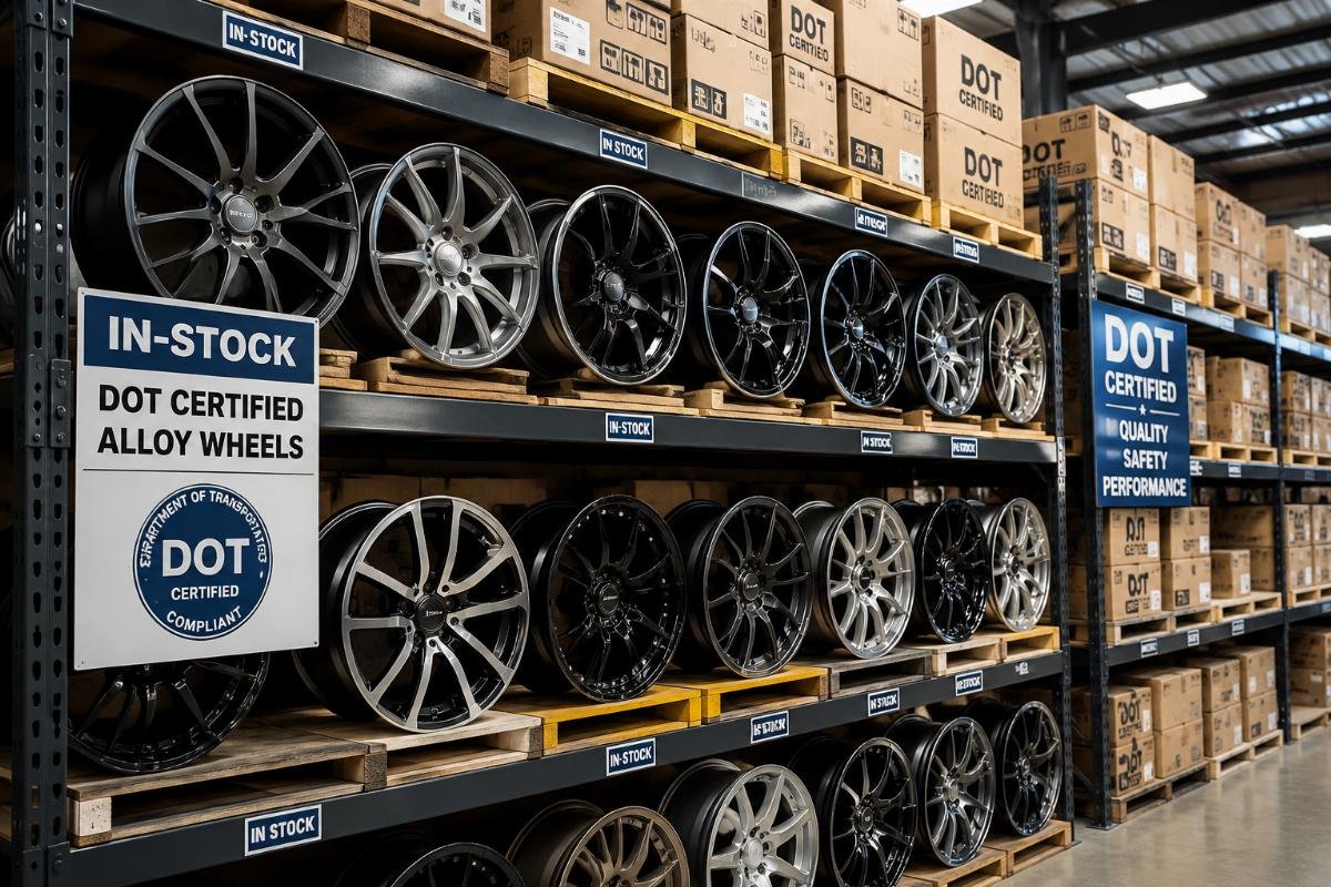 A warehouse shelf holding stacked in-stock DOT certified alloy wheels
