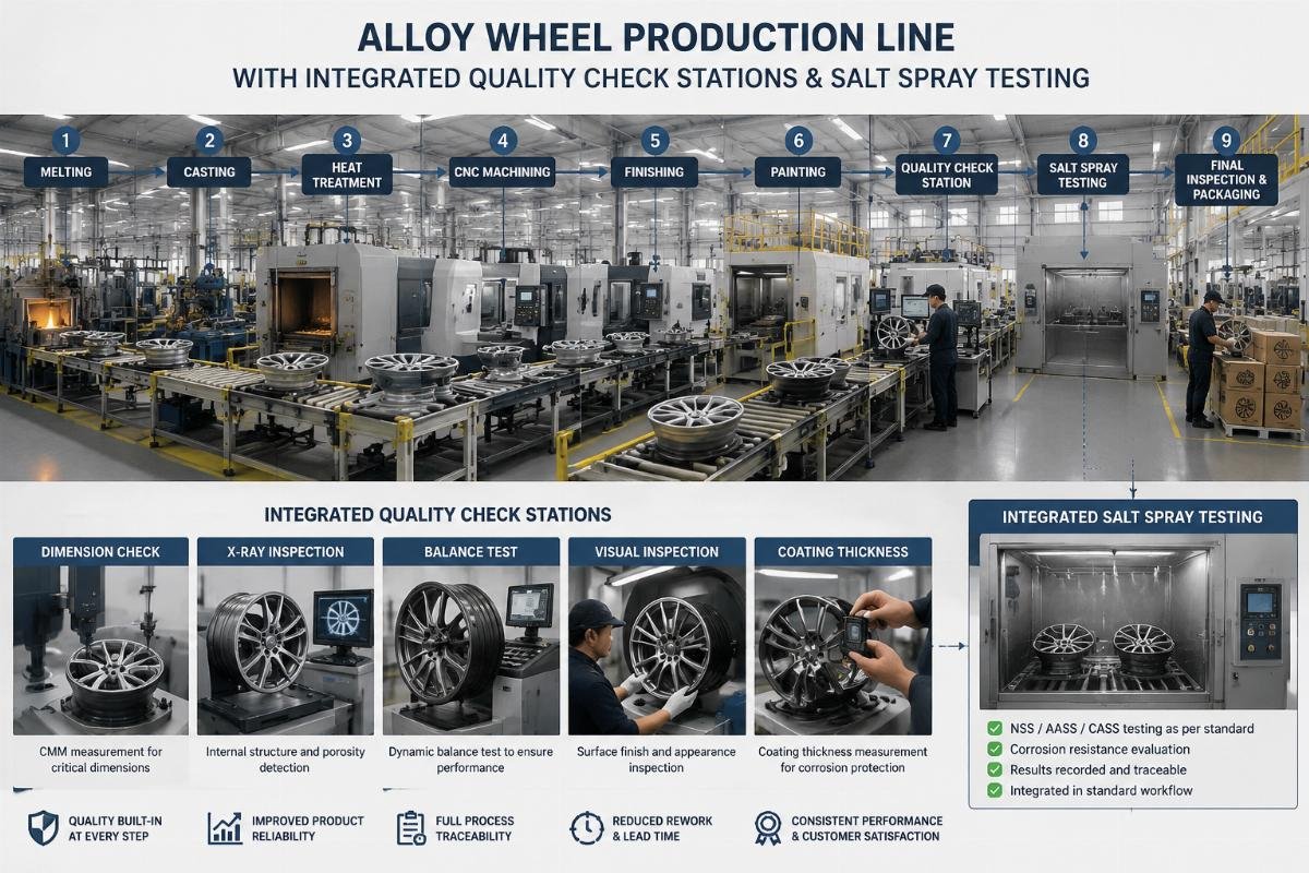 Alloy wheel production line with integrated quality check stations