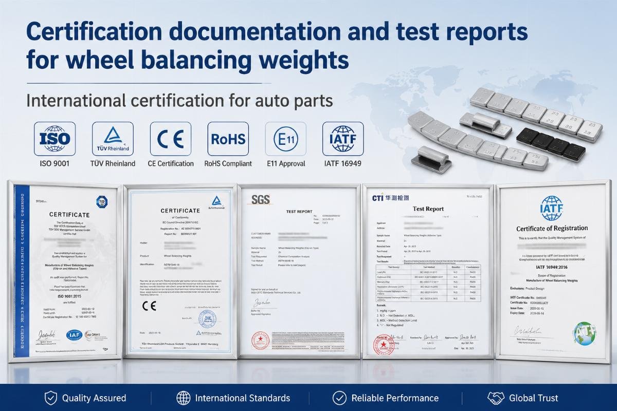 Certification documentation and test reports for wheel balancing weights