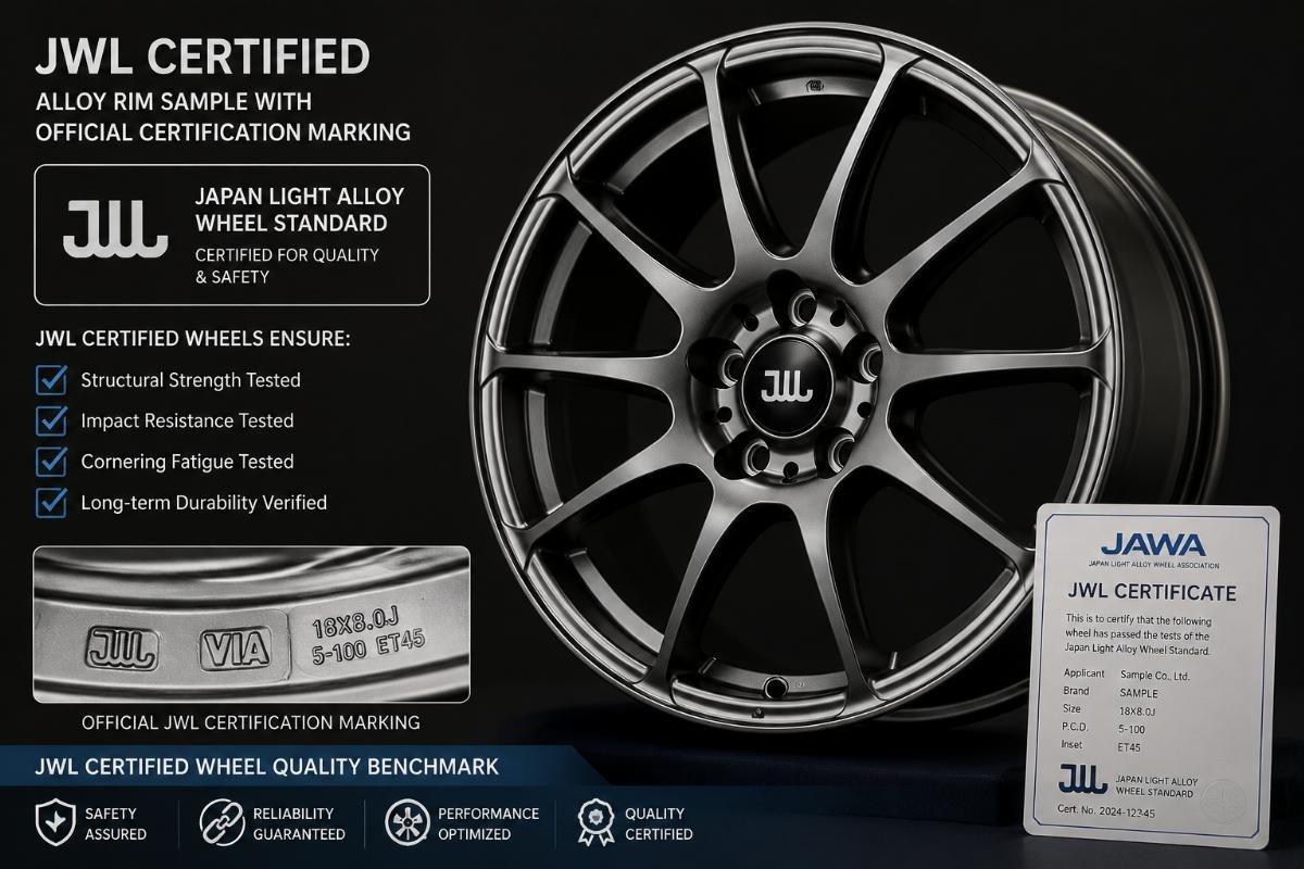 JWL certified wheel quality benchmark JWL certified alloy rim sample with official certification marking