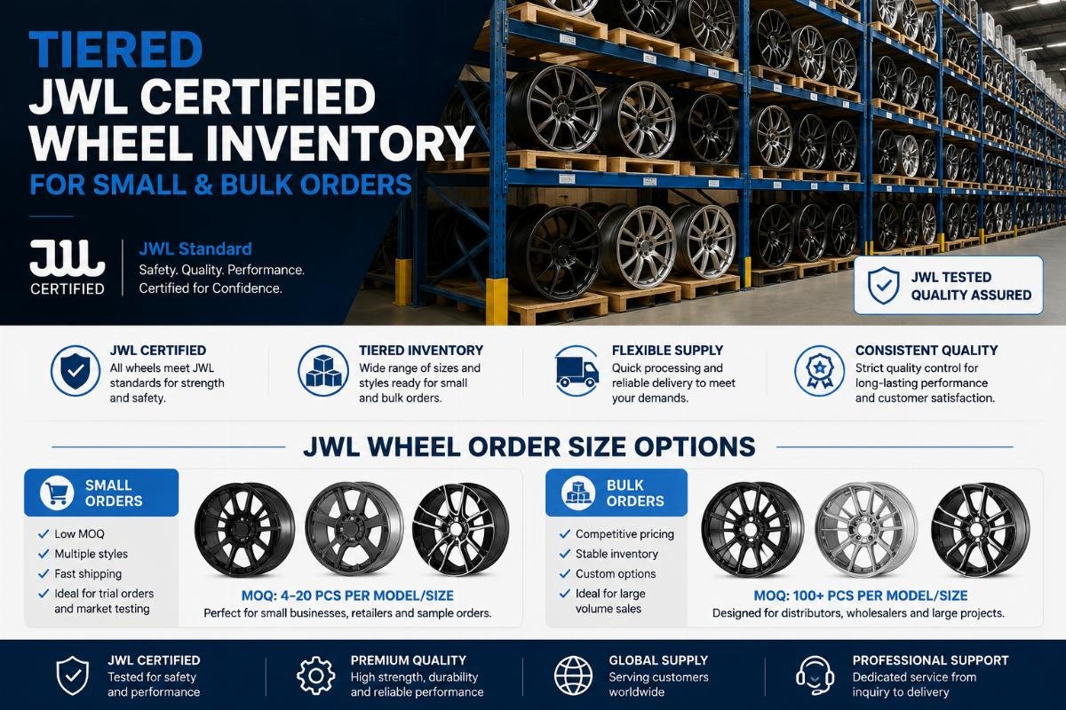 JWL wheel order size options Tiered JWL certified wheel inventory for small and bulk orders