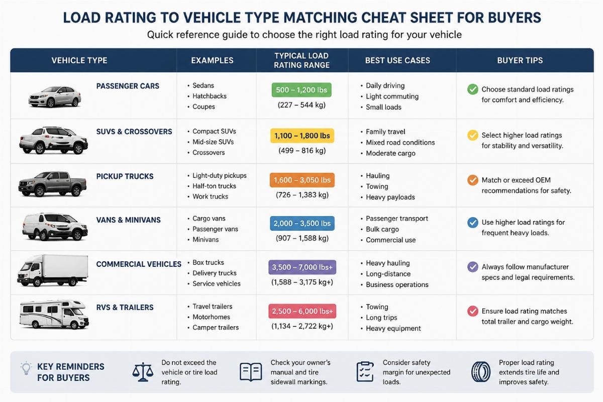 Load rating to vehicle type matching cheat sheet for buyers