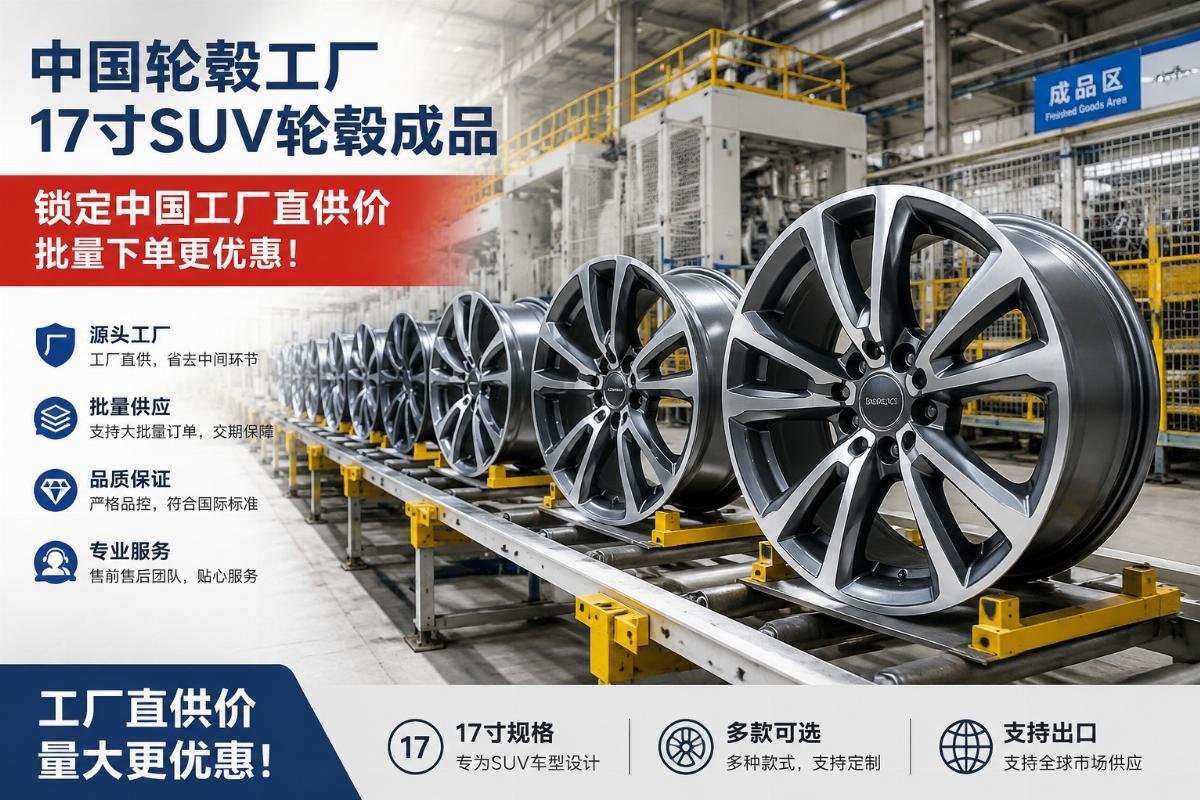 Lock in Chinese factory-direct pricing for bulk wheel orders Chinese alloy wheel factory production line showing finished 17-inch SUV rims