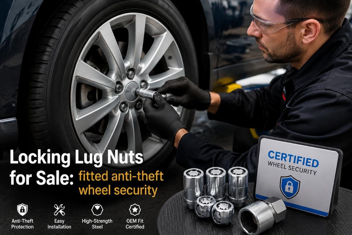 A technician installing certified locking lug nuts on a passenger vehicle wheel