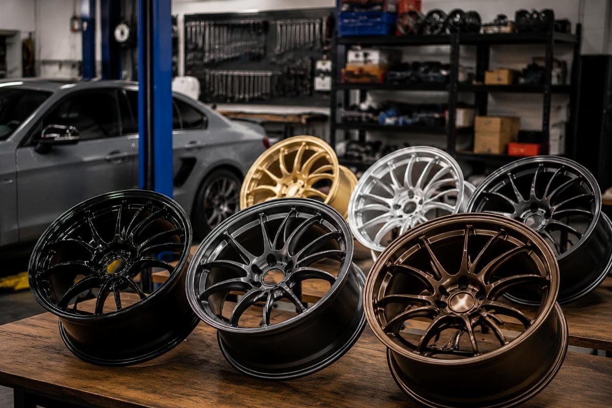 Low MOQ flow formed wheels for modification shop test sales Small batch of custom concave flow-formed wheels displayed in a modification shop