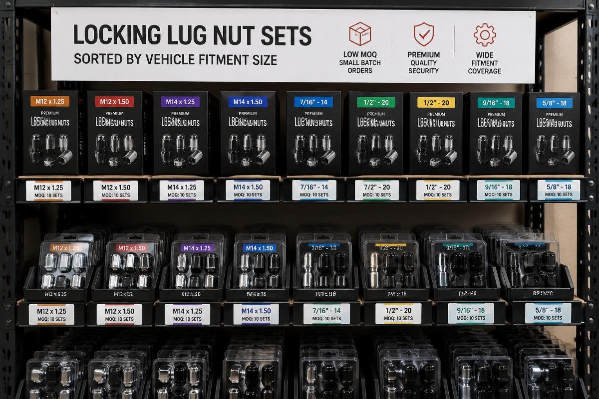 Low MOQ locking lug nuts for small batch orders A stock shelf of locking lug nut sets sorted by vehicle fitment size