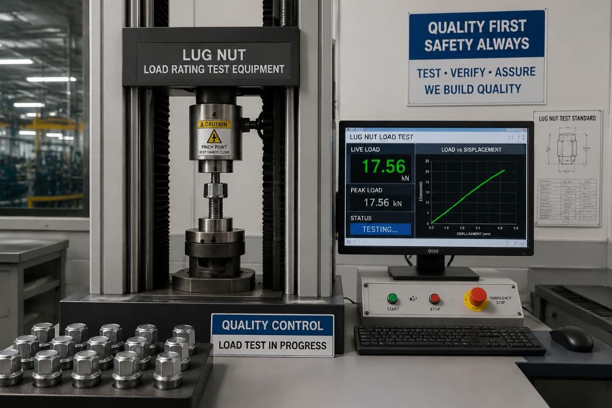 Lug nut load rating test equipment in a factory quality control lab