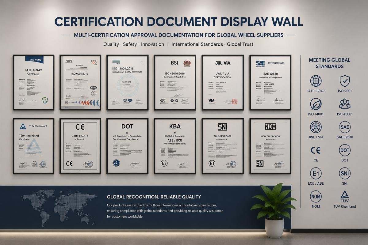Multi-certification approval documentation for global wheel suppliers Certification document display wall showing multiple international standard approvals