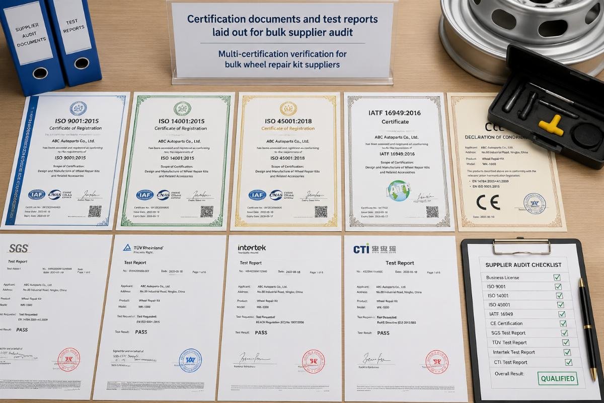 Multi-certification verification for bulk wheel repair kit suppliers Certification documents and test reports laid out for bulk supplier audit