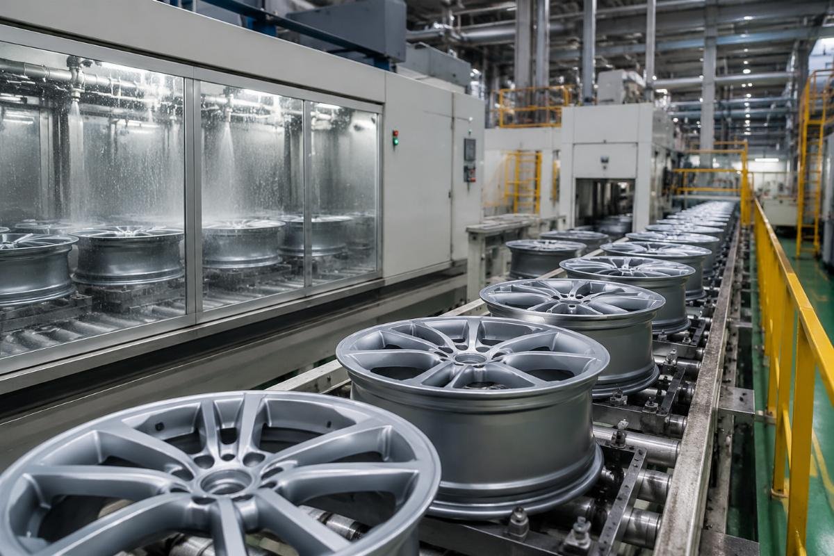Large scale production run of standard passenger car wheels in a manufacturing facility
