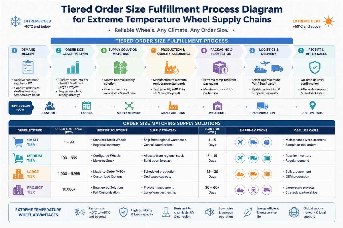 Tiered order size fulfillment process diagram for extreme temperature wheel supply chains
